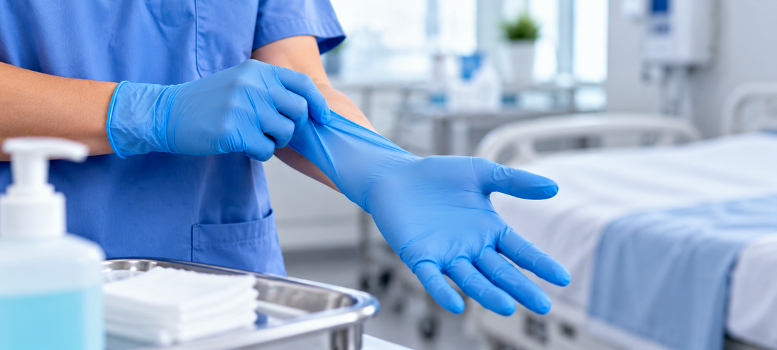 Pflegekraft zieht frische blaue Einmalhandschuhe an