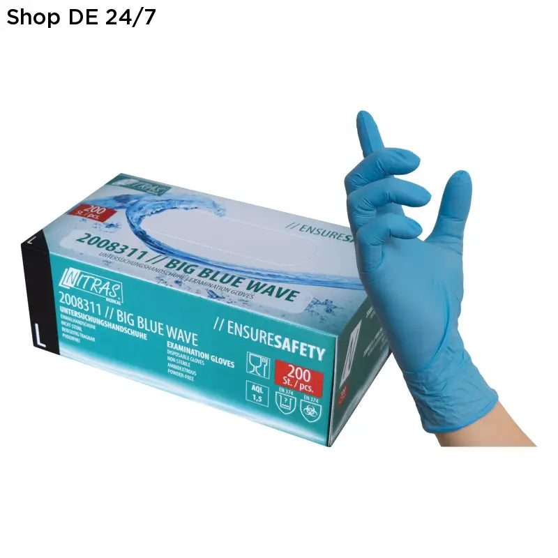 Blaue nitril einmalhandschuhe in der box big blue wave von ensuresafety aus der kollektion nitril handschuhe blau