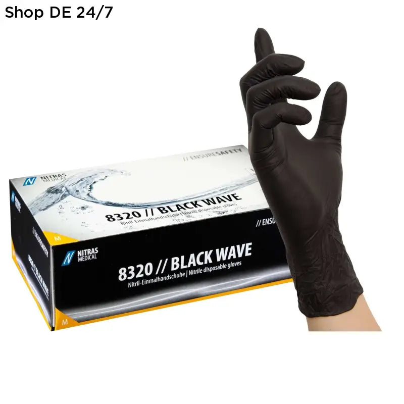 Schwarzer nitril einmalhandschuh von nitras medical modell 8320 black wave aus der kollektion latexfreie einmalhandschuhe