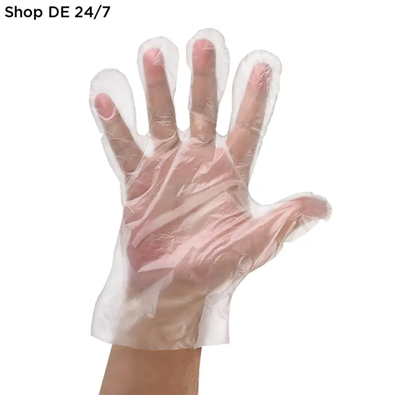 Transparente einmalhandschuhe aus plastik auf hand getragen hygienhandschuhe ideal als nitril einmalhandschuhe alternative