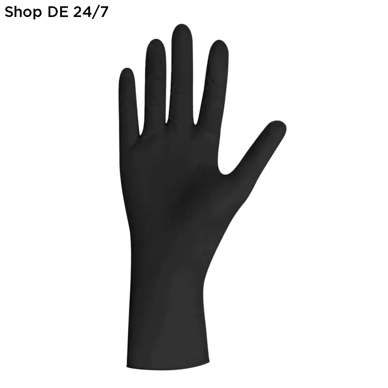 Einmalhandschuhe aus schwarzem latexf material mit glattem glänzendem finish und natürlicher handform