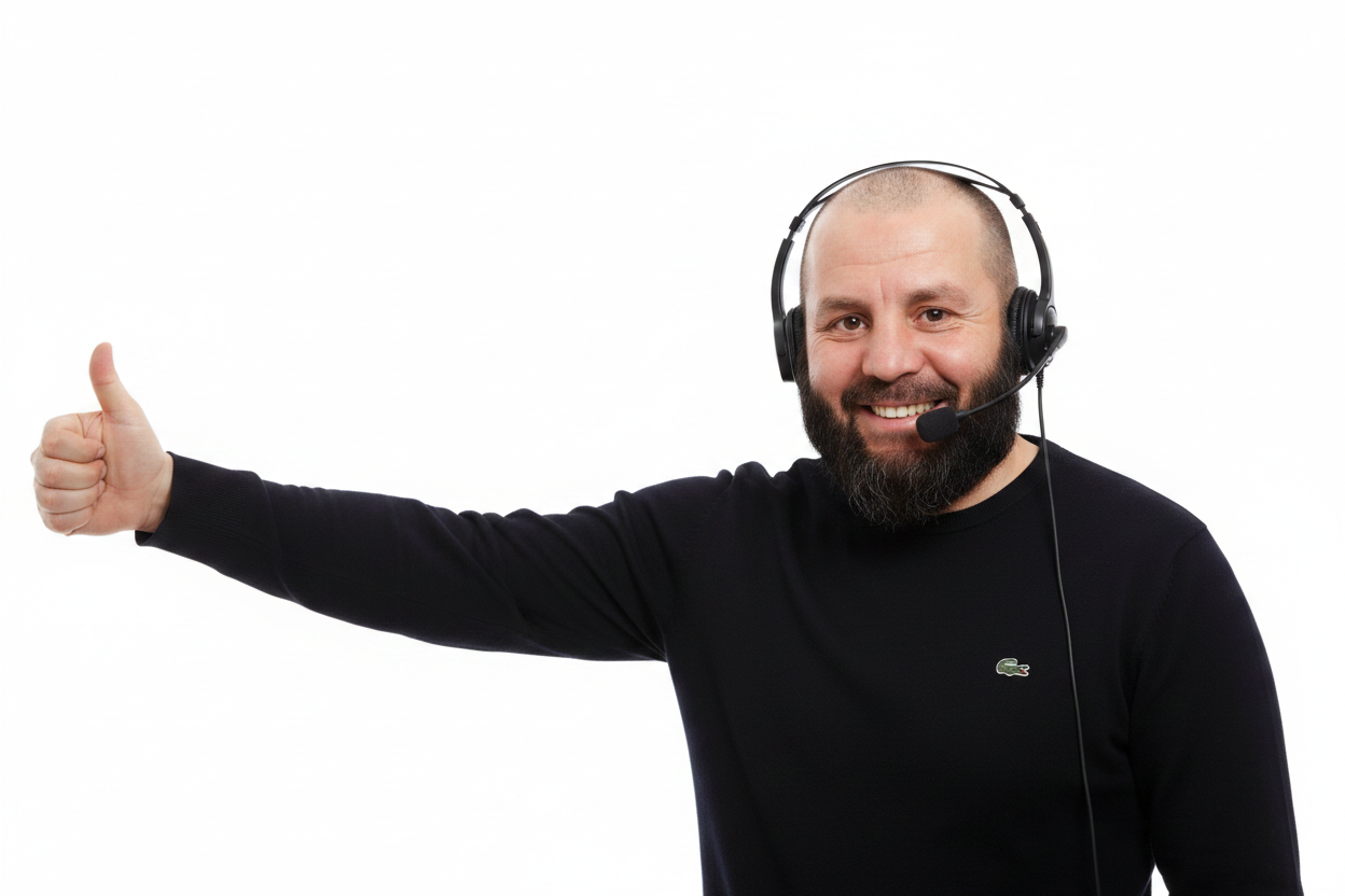 Tekin mit Headset und Daumen hoch