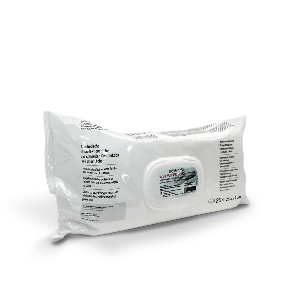 Weiße plastikverpackung der unigloves wet wipes effektive schnell-desinfektion 8 x 80 blatt für alkoholbeständigen flächen