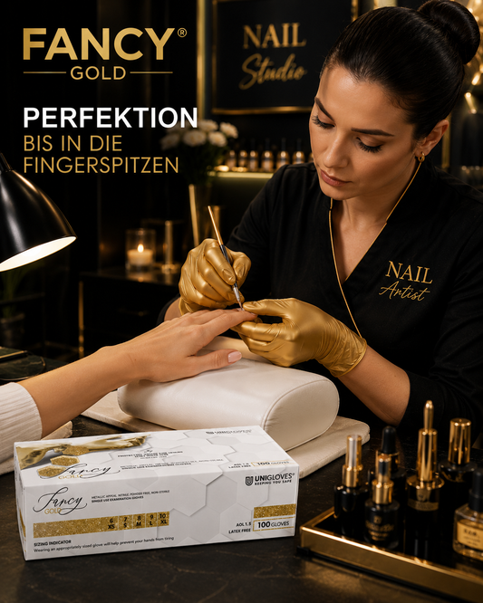 Nageldesignerin mit goldenen FANCY GOLD Nitrilhandschuhen bei einer professionellen Maniküre im Kosmetikstudio.