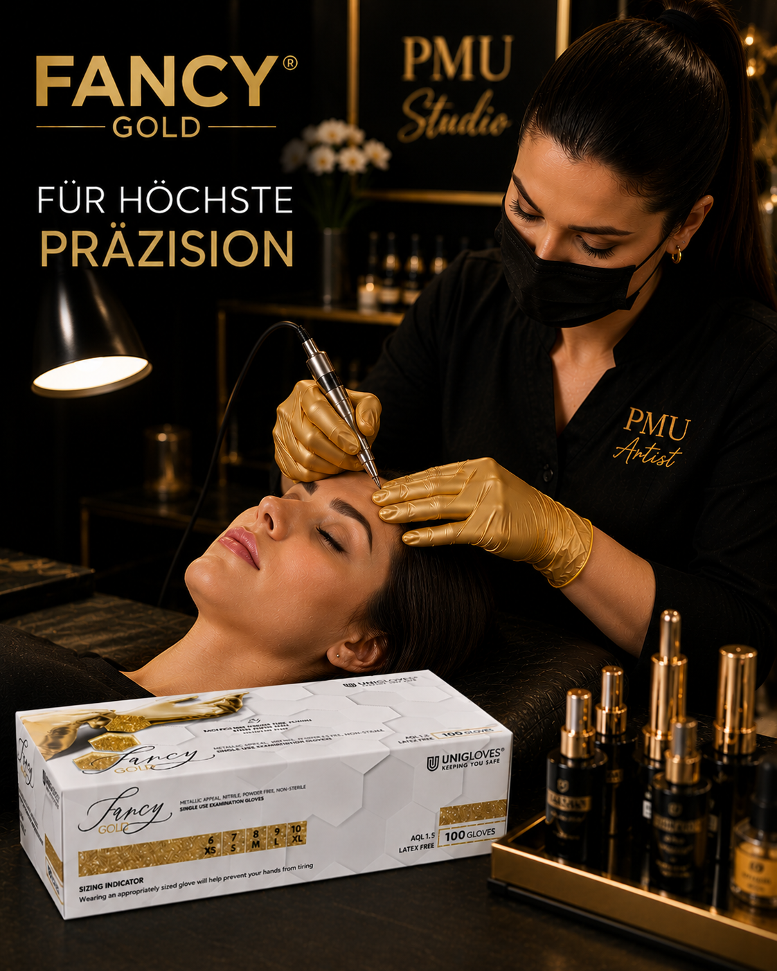 PMU-Artistin mit goldenen FANCY GOLD Nitrilhandschuhen bei einer präzisen Augenbrauenbehandlung in einem modernen Permanent-Make-up-Studio. Die originale FANCY GOLD Handschuhbox ist im Vordergrund platziert.