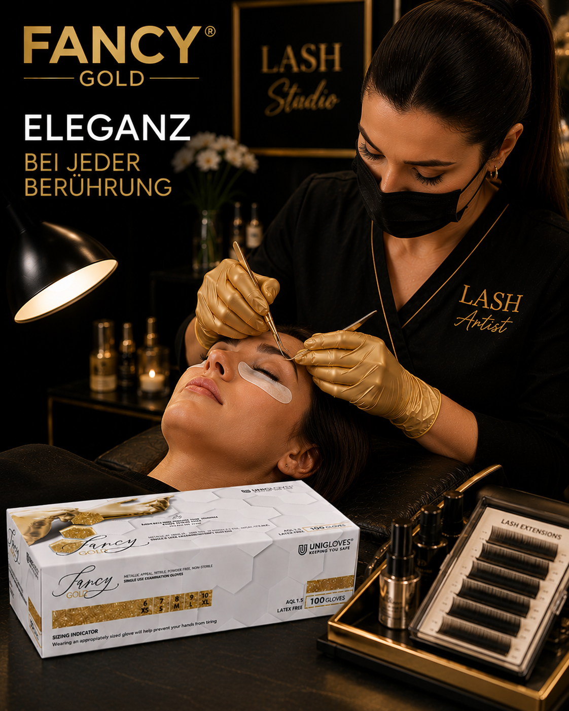 Lash-Stylistin trägt goldene FANCY GOLD Nitrilhandschuhe und appliziert präzise Wimpernverlängerungen in einem luxuriösen Wimpernstudio. Die originale FANCY GOLD Handschuhbox ist im Vordergrund sichtbar.