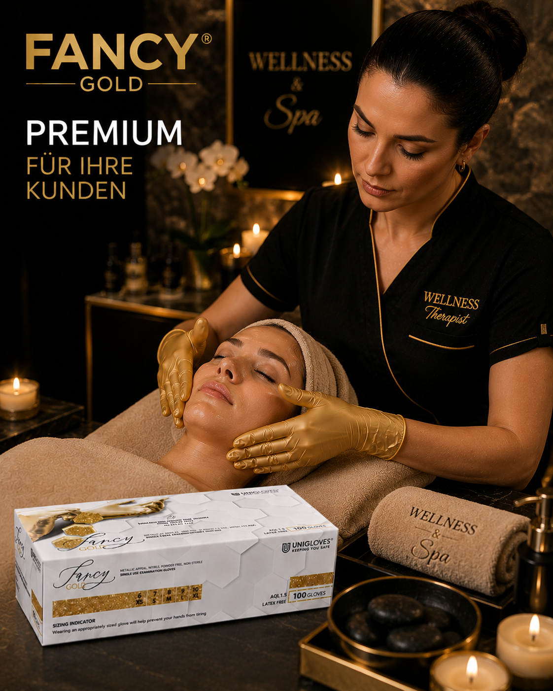 Wellness-Therapeutin trägt goldene FANCY GOLD Nitrilhandschuhe während einer entspannenden Gesichtsbehandlung in einem luxuriösen Spa. Die originale FANCY GOLD Handschuhbox ist im Vordergrund platziert und unterstreicht den Premium-Charakter der Anwendung.