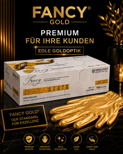 Originale FANCY GOLD Handschuhbox mit goldenen Nitrilhandschuhen auf schwarzem Hintergrund mit goldenen Akzenten. Die edle Goldoptik unterstreicht den Premium-Charakter und eignet sich ideal für Kosmetik, Nageldesign, Wimpernstudios, Permanent Make-up sowie Wellness- und Spa-Anwendungen.