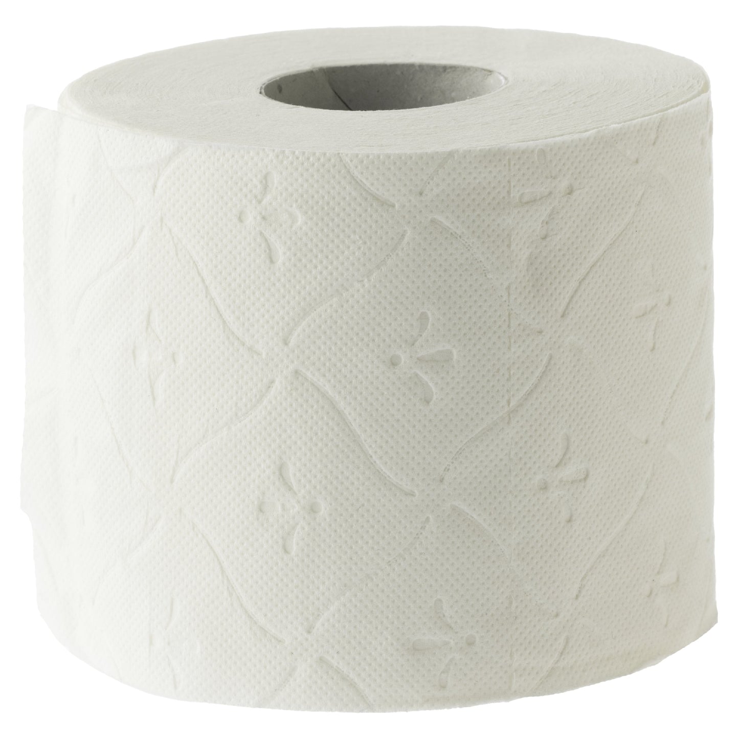 Eine rolle toilettenpapier superior weiß 3-lagig aus zellstoff mit floralem prägemuster für den hygienischen gebrauch
