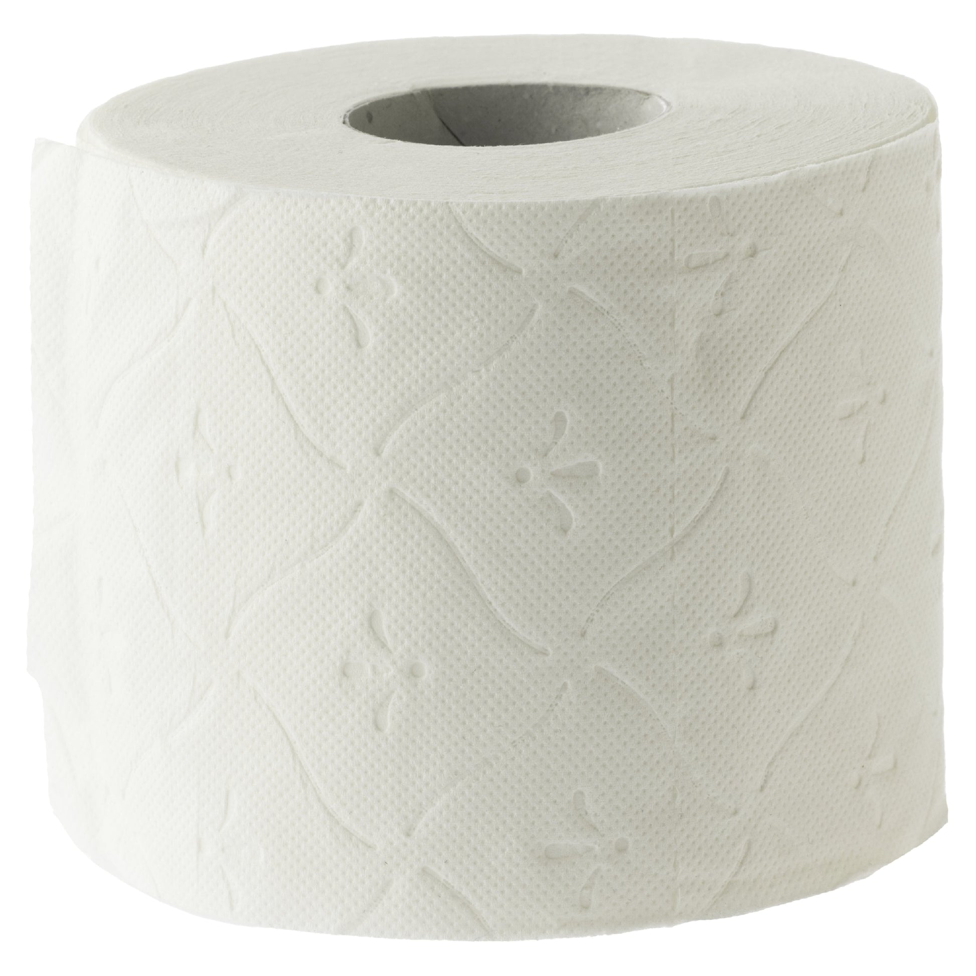 Eine rolle toilettenpapier superior weiß 3-lagig aus zellstoff mit floralem prägemuster für den hygienischen gebrauch