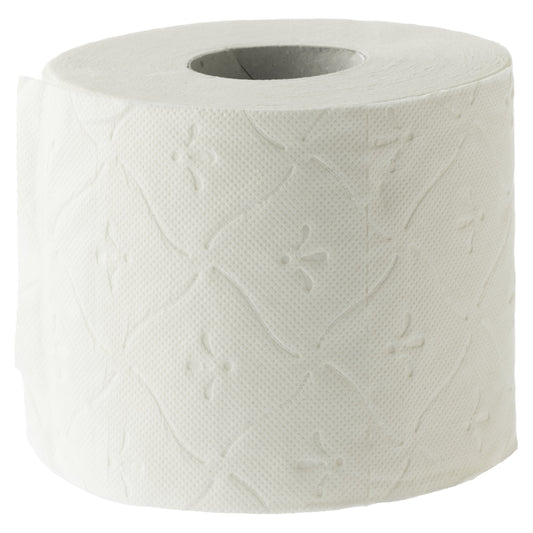 Eine rolle toilettenpapier superior weiß 3-lagig aus zellstoff mit floralem prägemuster für den hygienischen gebrauch