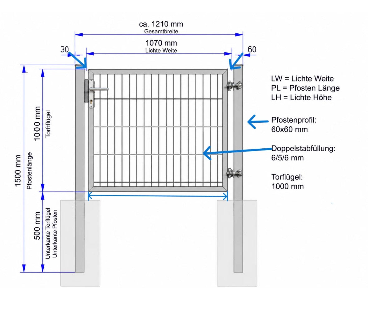 Gartentor 1-flügelig Premium | Breite 120 cm | Doppelstab 6/5/6 mm
