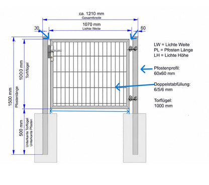 Gartentor 1-flügelig Premium | Breite 120 cm | Doppelstab 6/5/6 mm