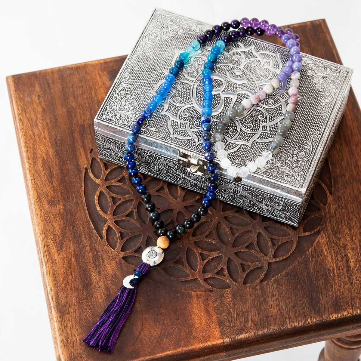 Mala Kette aus Amethyst, Mondstein & Lapis Lazuli: Moon Child