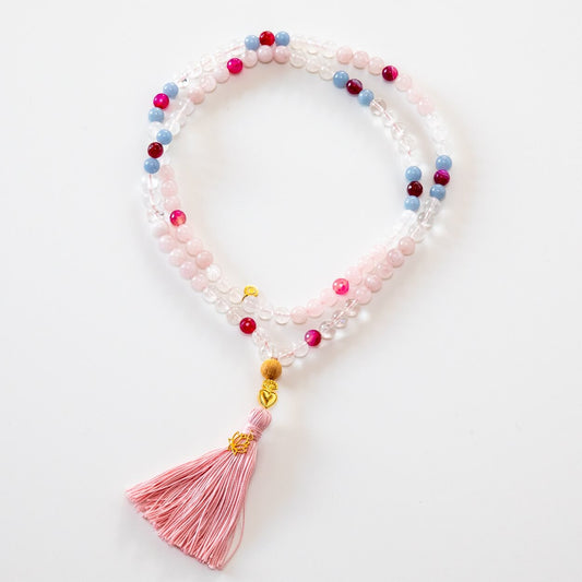 Mala Kette aus Rosenquarz, Mondstein & Angelit: TRUE LOVE