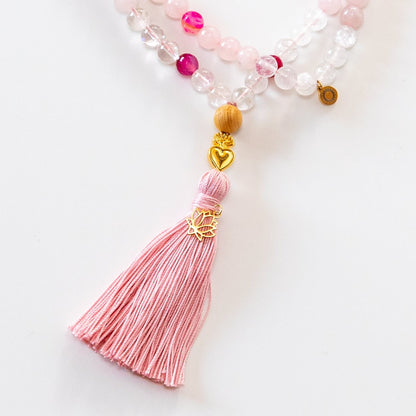 Mala Kette aus Rosenquarz, Mondstein & Angelit: TRUE LOVE