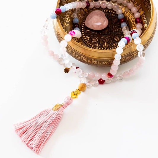 Mala Kette aus Rosenquarz, Mondstein & Angelit: TRUE LOVE