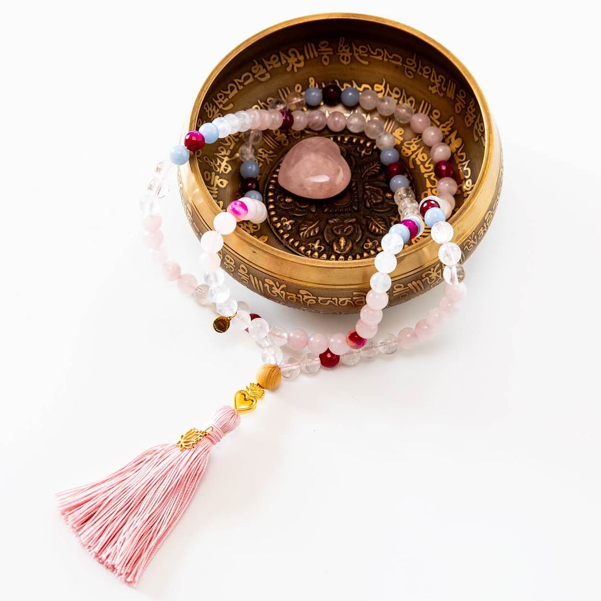 Mala Kette aus Rosenquarz, Mondstein & Angelit: TRUE LOVE