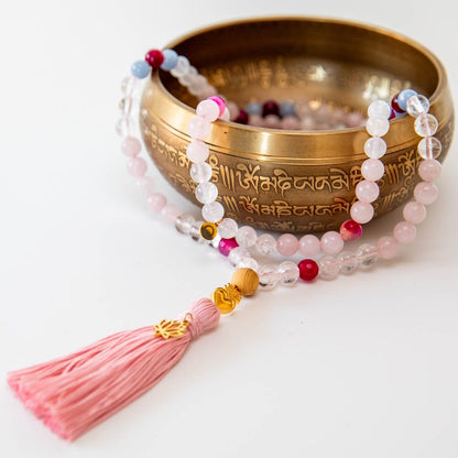 Mala Kette aus Rosenquarz, Mondstein & Angelit: TRUE LOVE