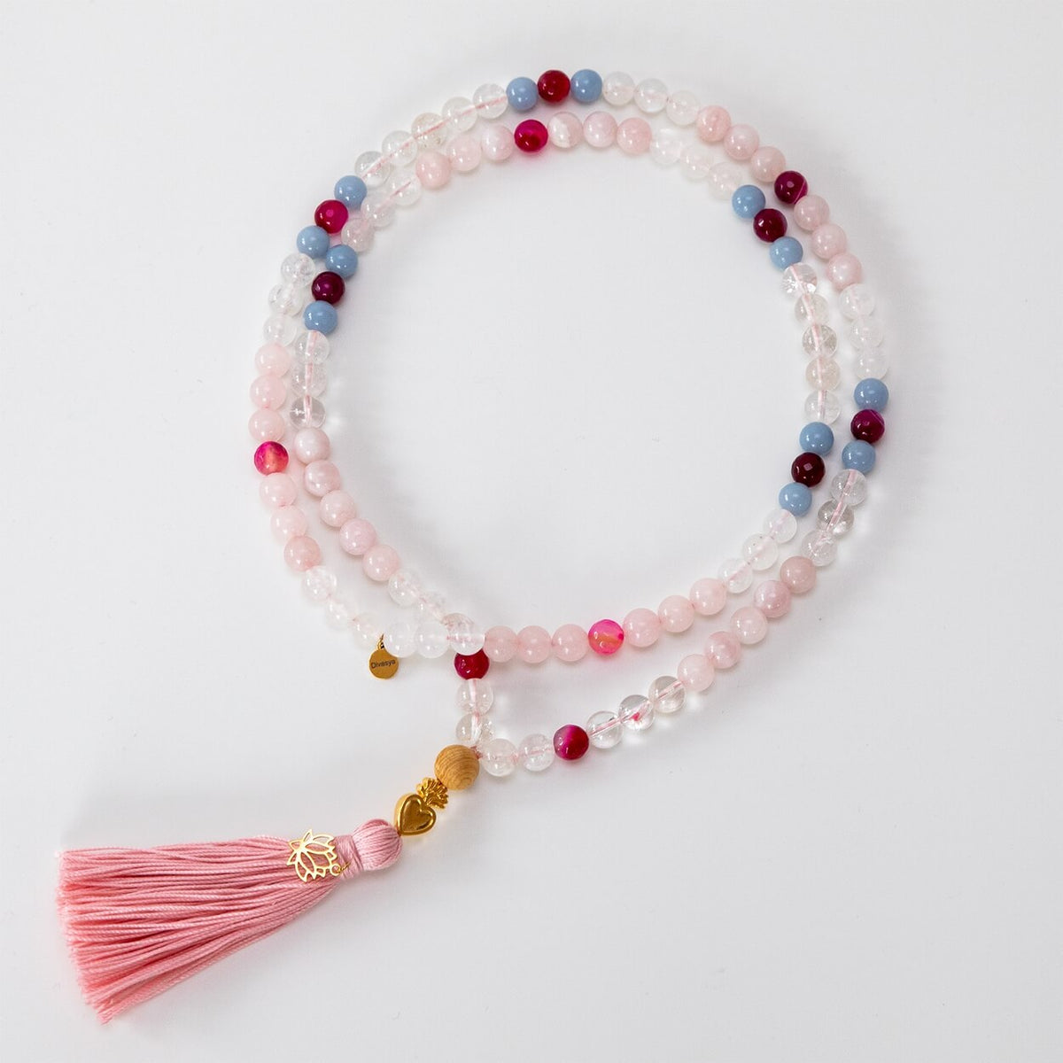 Mala Kette aus Rosenquarz, Mondstein & Angelit: TRUE LOVE