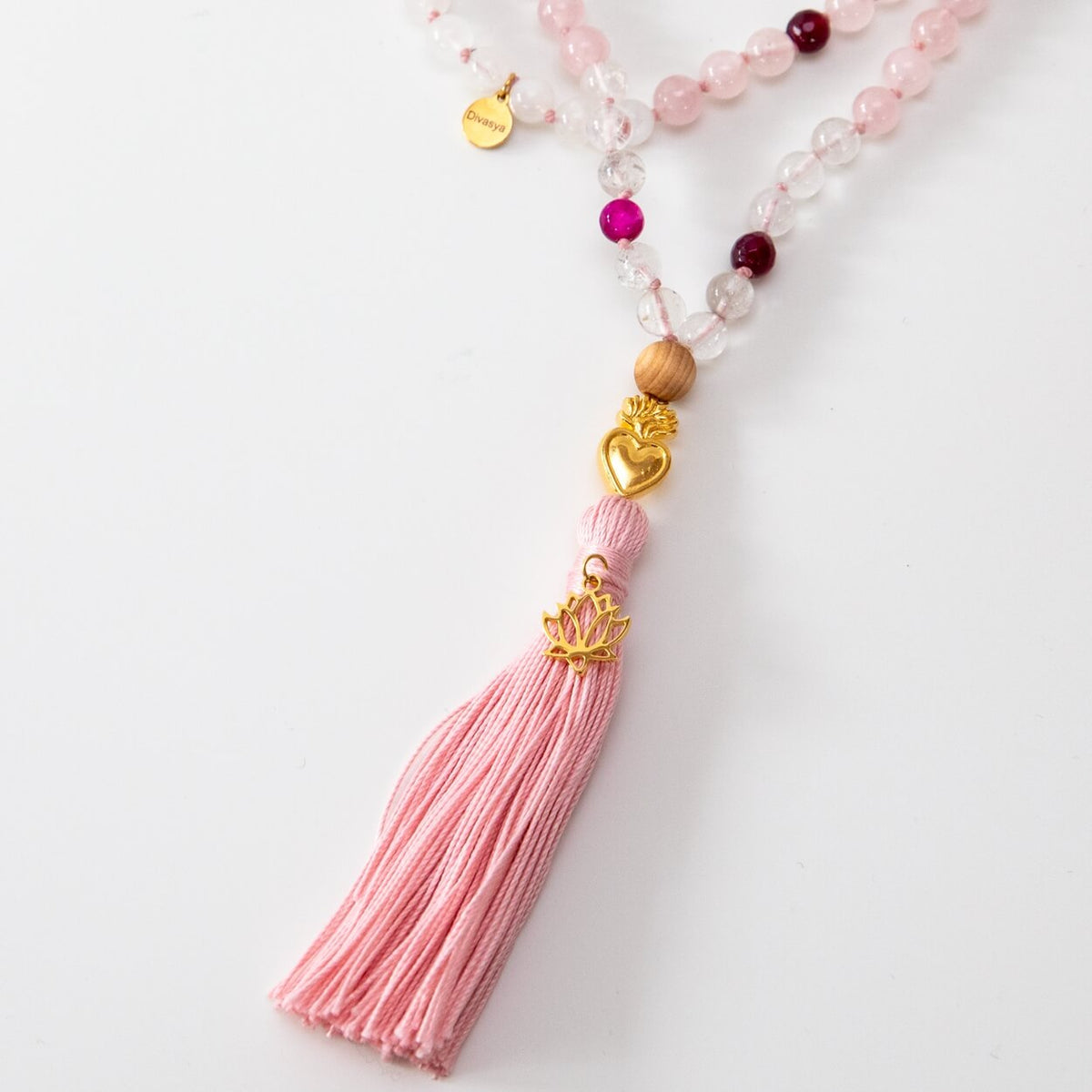 Mala Kette aus Rosenquarz, Mondstein & Angelit: TRUE LOVE