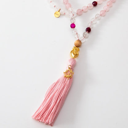 Mala Kette aus Rosenquarz, Mondstein & Angelit: TRUE LOVE