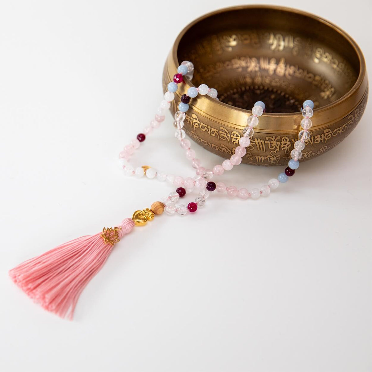 Mala Kette aus Rosenquarz, Mondstein & Angelit: TRUE LOVE