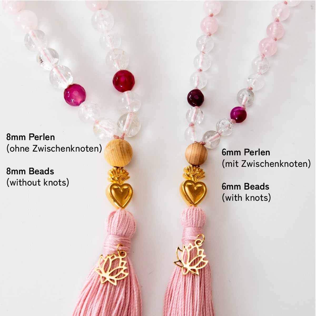 Mala Kette aus Rosenquarz, Mondstein & Angelit: TRUE LOVE