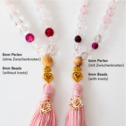 Mala Kette aus Rosenquarz, Mondstein & Angelit: TRUE LOVE