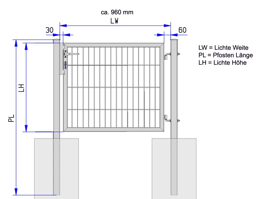 Gartentor 1-flügelig | Breite 100 cm | Doppelstab 6/5/6 mm