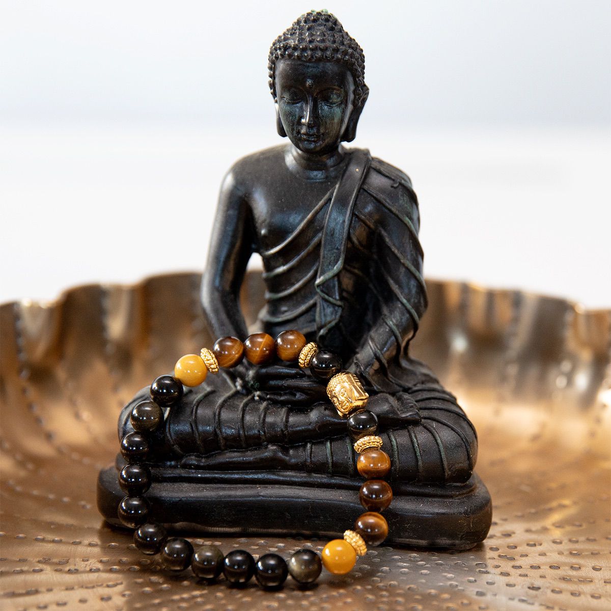 Buddha Armband aus Tigerauge & Obsidian mit vergoldetem Buddha-Kopf