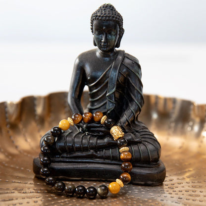 Buddha Armband aus Tigerauge & Obsidian mit vergoldetem Buddha-Kopf