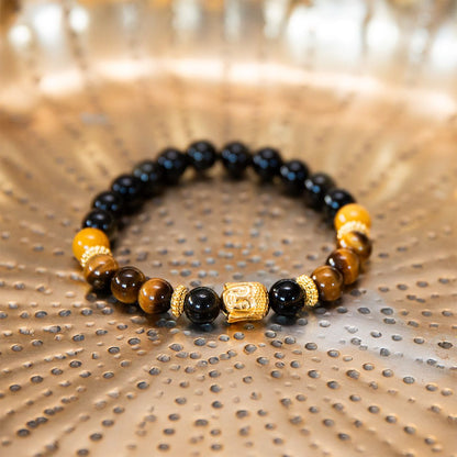 Buddha Armband aus Tigerauge & Obsidian mit vergoldetem Buddha-Kopf