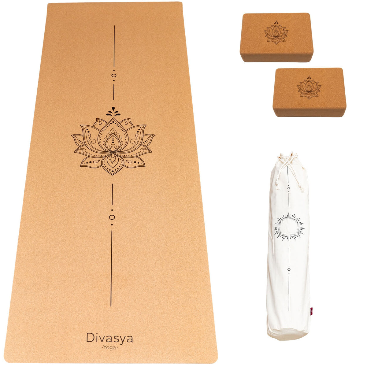 Yoga Set STARTER: Kork Yogamatte mit 2x Yogablock, Tragegurt, Schutzhülle
