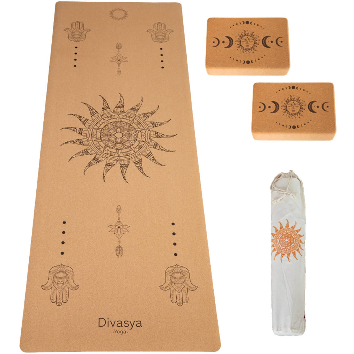 Yoga Set STARTER: Kork Yogamatte mit 2x Yogablock, Tragegurt, Schutzhülle