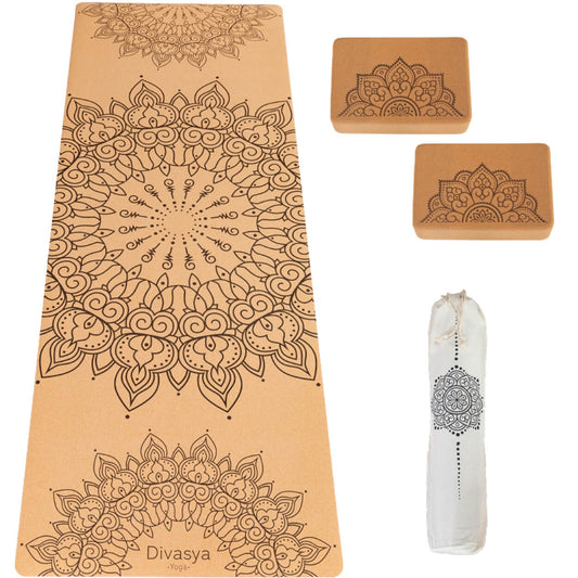 Yoga Set STARTER: Kork Yogamatte mit 2x Yogablock, Tragegurt, Schutzhülle