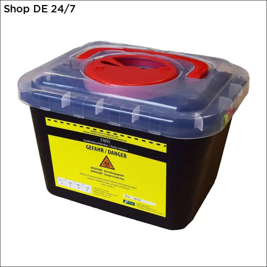 Schwarzer abwurfbehälter 5l aus plastik mit transparentem deckel und roter öffnung für zuverlässiger schutz deutsche qualität