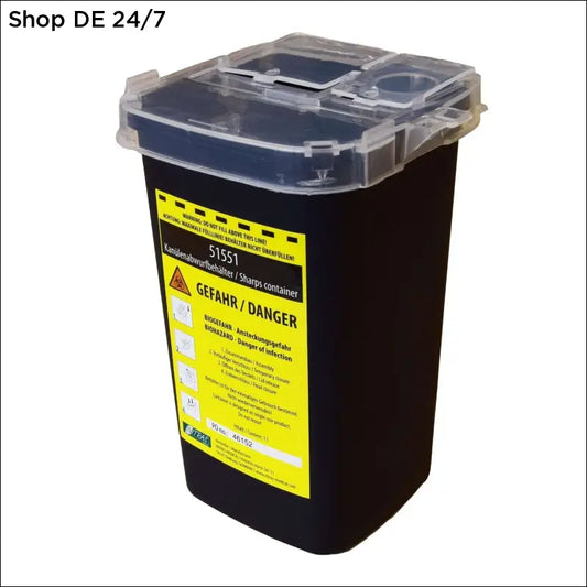 Schwarzer plastik abwurfbehälter klein 1l mit klarem deckel und gelbem warnetikett für zuverlässiger schutz deutsche qualität