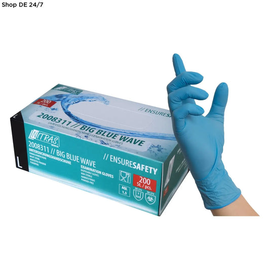 Eine einzelne blaue nitril einmalhandschuh größe l aus der nitras big blue wave nitril einmalhandschuhe serie