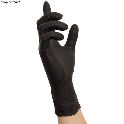 Schwarze einmalhandschuhe aus nitril mit detaillierter finger und handgelenkstruktur schwarz wave nitril