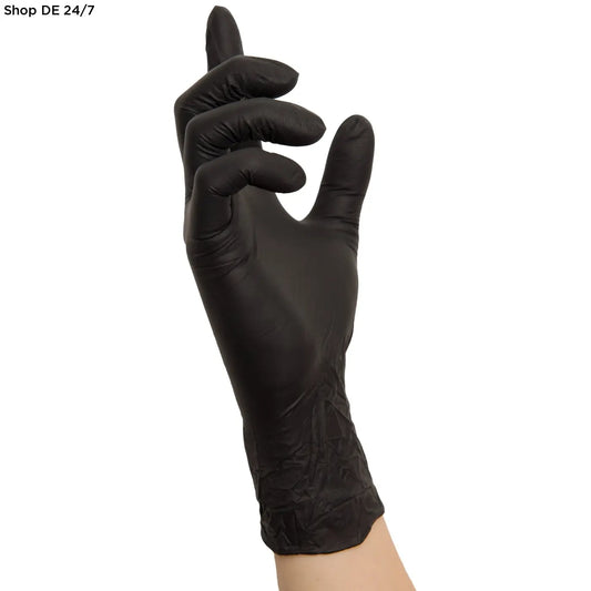 Schwarze einmalhandschuhe aus nitril mit detaillierter finger und handgelenkstruktur schwarz wave nitril