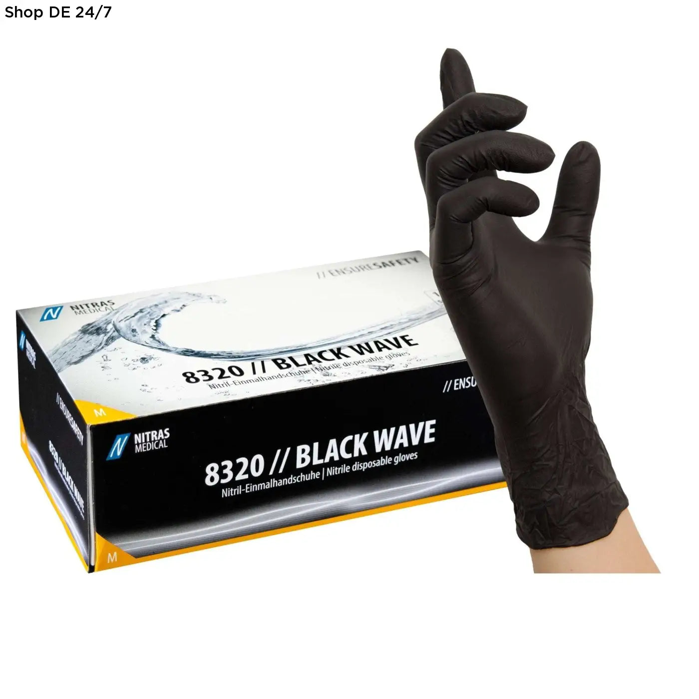 Schwarze einmalhandschuhe nitras black wave nitril model 8320 aus nitril für medizinischen einsatz in 1000 stück packung