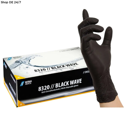 Schwarze einmalhandschuhe nitras black wave nitril model 8320 aus nitril für medizinischen einsatz in 1000 stück packung