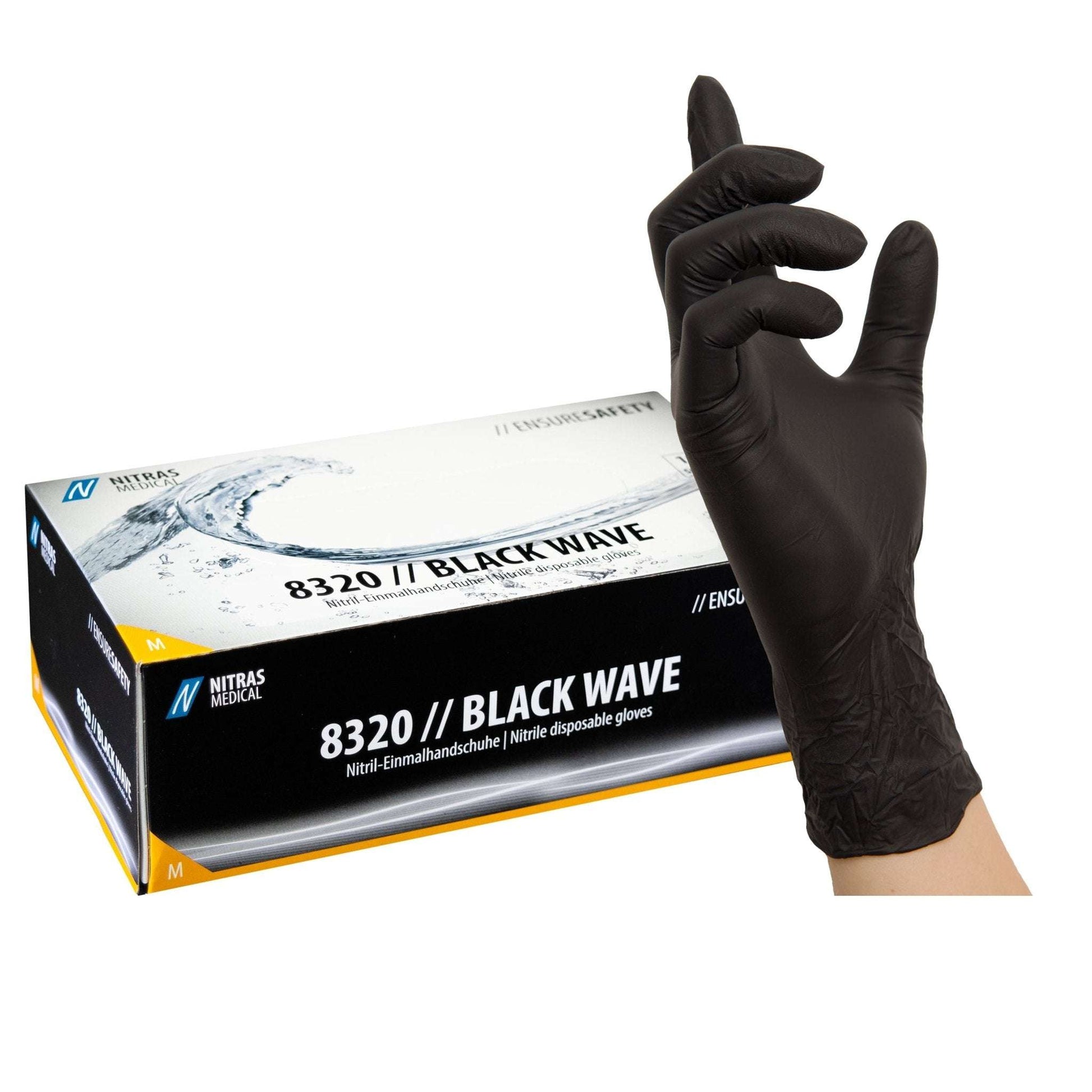 BLACK WAVE: Premium Nitril - Einmalhandschuhe - Shop DE 24/7 NITRAS XS Schwarz NITRAS BLACK WAVE, Nitril - Einmalhandschuhe, schwarz, EN ISO 374, Box à 100 Stück kaufen