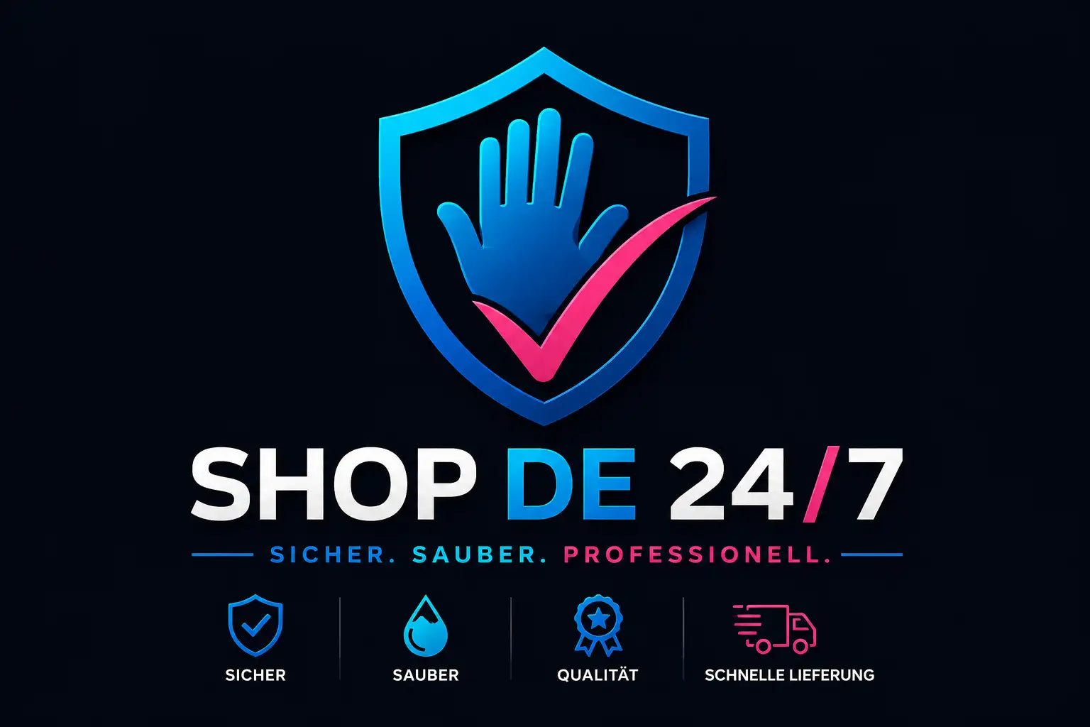 Blaues und pinkes Schild-Logo mit einem Handabdruck mit Häkchen.