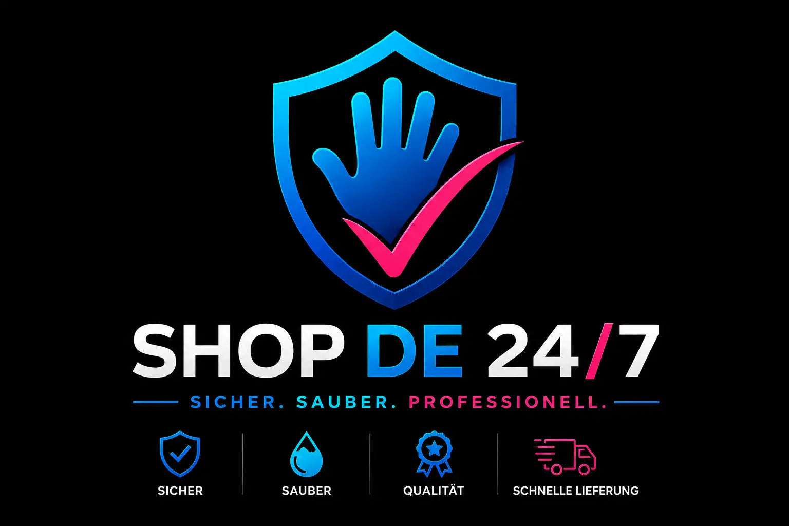 Blaues und rosa Schild-Logo mit einer Handabdruckdarstellung mit Häkchen, über dem Text „shop de 24/7“.