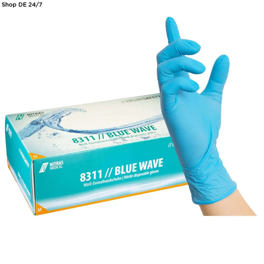 Einzelner heller blauer nitrilhandschuh modell 8311 blue wave von nitras medical für zuverlässigen schutz und deutsche qualität