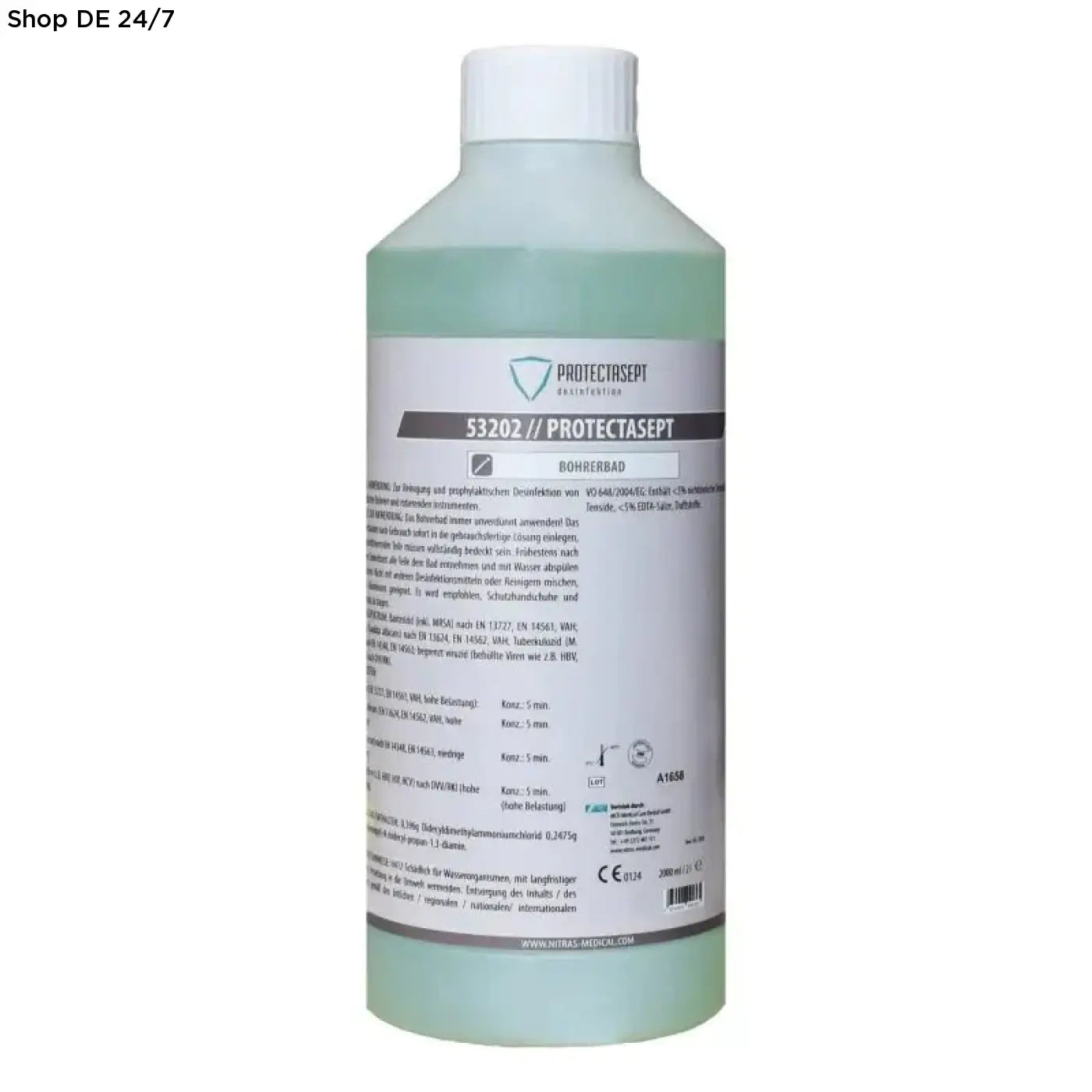 Ein durchsichtiges hellgrünes plastikflasche mit weißer kappe von protectasept gmbh für optimale hygienische dentale instrumente deutsche qualität
