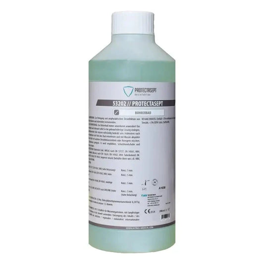 Ein durchsichtiges hellgrünes plastikflasche mit weißer kappe von protectasept gmbh für optimale hygienische dentale instrumente deutsche qualität