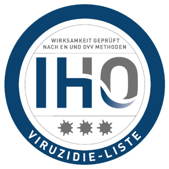 Blau graues iho logo mit virus symbolen und label viruzidie liste für flächendesinfektion protectasept sf 5 liter deutsche qualität zuverlässiger schutz
